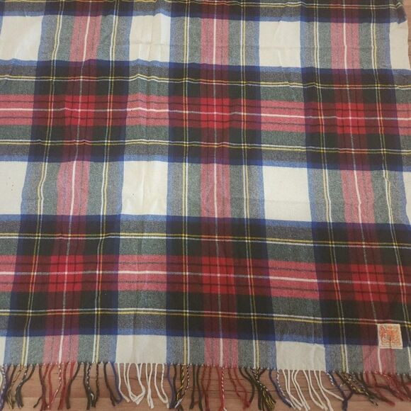 Vintage 60s Authentic Tartan Plaid Wool Throw Blanket England Red Green Blue - Picture 1 of 5